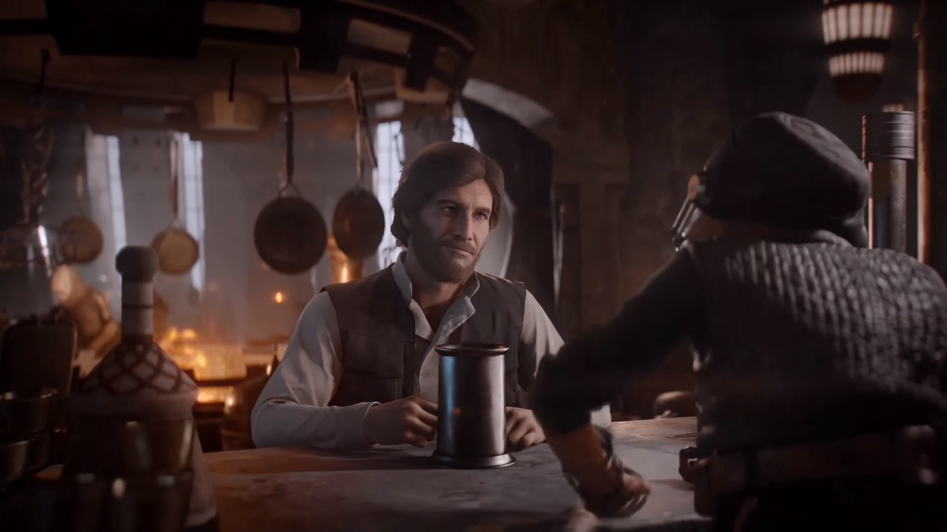 Kuva pelianimaatiosta: Han Solo ja Maz Kanata.