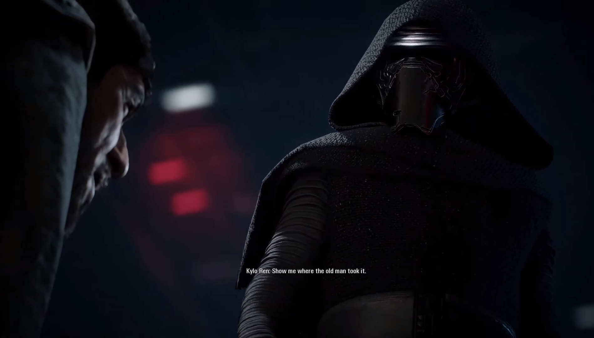 Kuva pelianimaatiosta: Kylo Ren kuulustelee Meekoa.