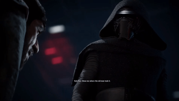 Kuva pelianimaatiosta: Kylo Ren kuulustelee Meekoa.